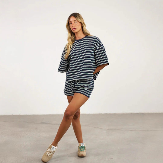 Damen stylisches Freizeit-Set mit breitem Rundhalsausschnitt und elastischem Bund R&B