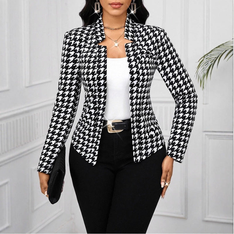 Damen modische Blazerjacke im Hahnentritt-Muster R&B