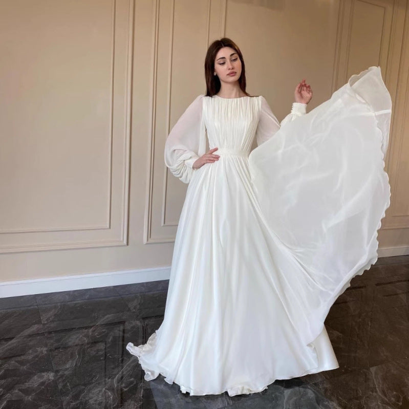 R&B | Durchsichtiges Weißes Hochzeitskleid Rundhalsausschnitt Lange Ärmel Kleid
