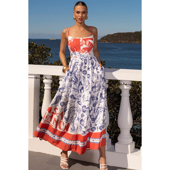 Damen Maxikleid mit feinen Trägern und künstlerischem grafikdruck R&B