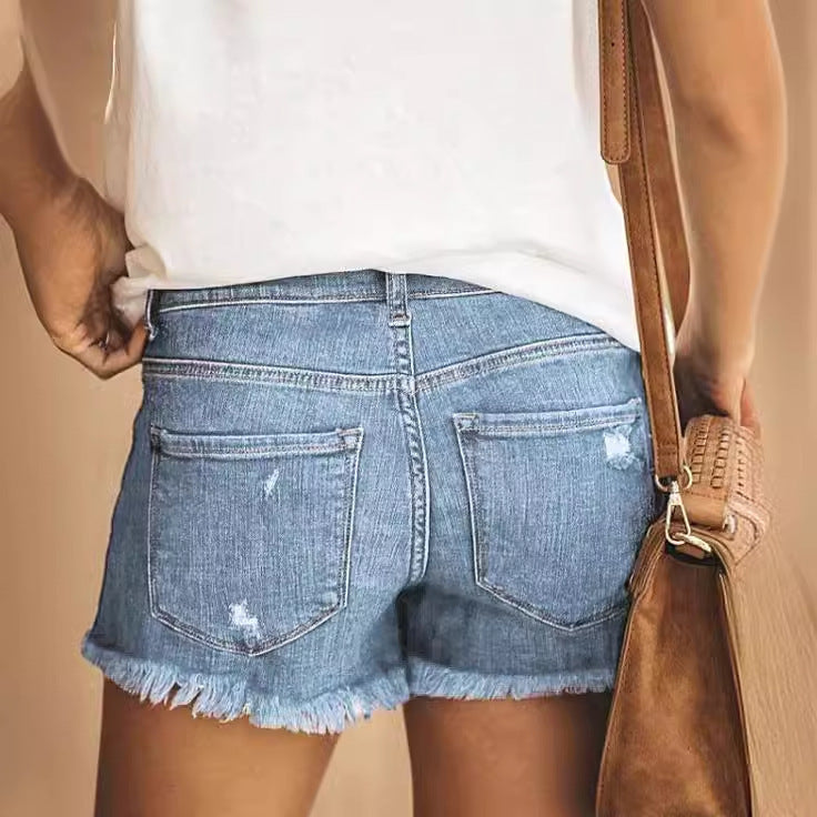 Damen Jeans-Shorts mit fransigen Säumen und distressed Details R&B