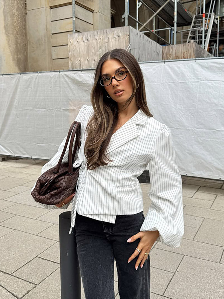 Damen elegante Taillierte Bluse mit voluminösen Ärmeln R&B