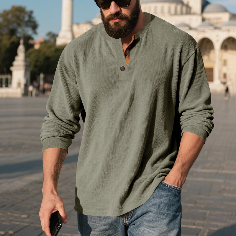 Herren Langarmshirt mit strukturierter Rippenoptik und modischem Knopfleisten-Detail R&B