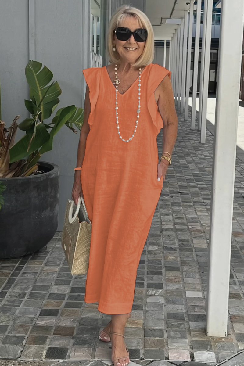 Damen Maxikleid mit V-Ausschnitt und angeschnittenem Ärmel R&B