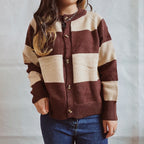 Damen lässige Strickjacke mit modischem Blockstreifenmuster und hochwertigen Knöpfen R&B