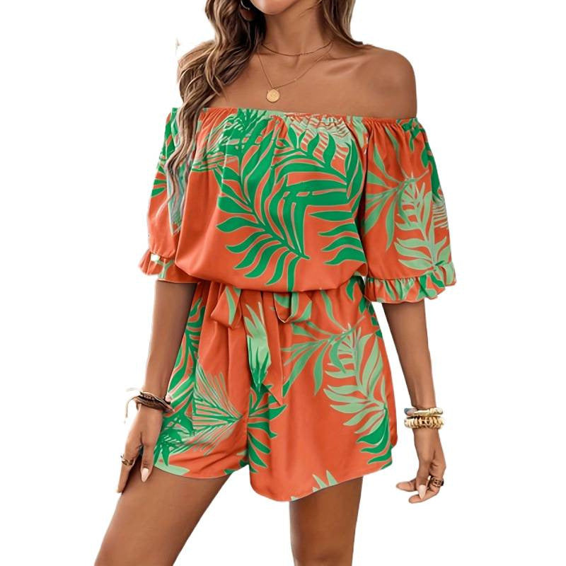 Damen Off-Shoulder Jumpsuit mit floralem Design und elastischem Bund R&B