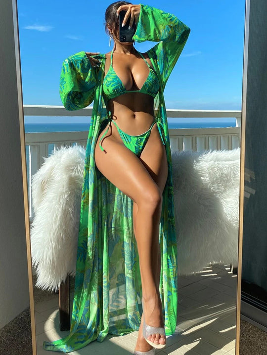 Damen Bikini-Set mit transparentem Kaftan und floralem Design R&B