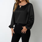 Damen elegante Satinbluse mit verspieltem Schlüsselausschnitt R&B