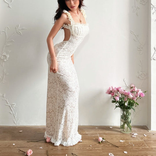 Damen Spitzen-Maxikleid mit Rüschendetails und elegantem Schnitt R&B