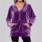 Damen Lässiger Velvet Hoodie mit praktischem Reißverschluss und Kängurutasche R&B
