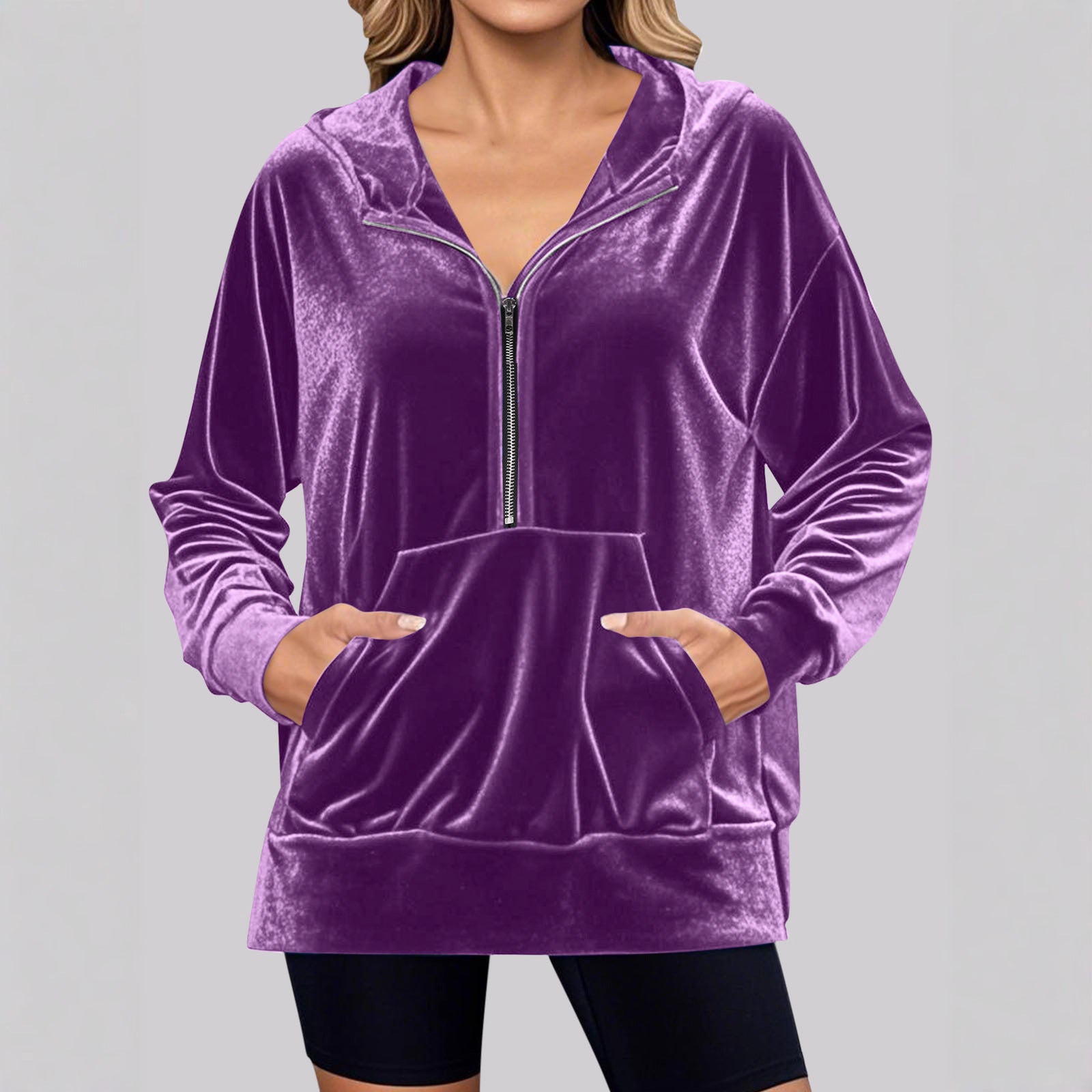 Damen Lässiger Velvet Hoodie mit praktischem Reißverschluss und Kängurutasche R&B