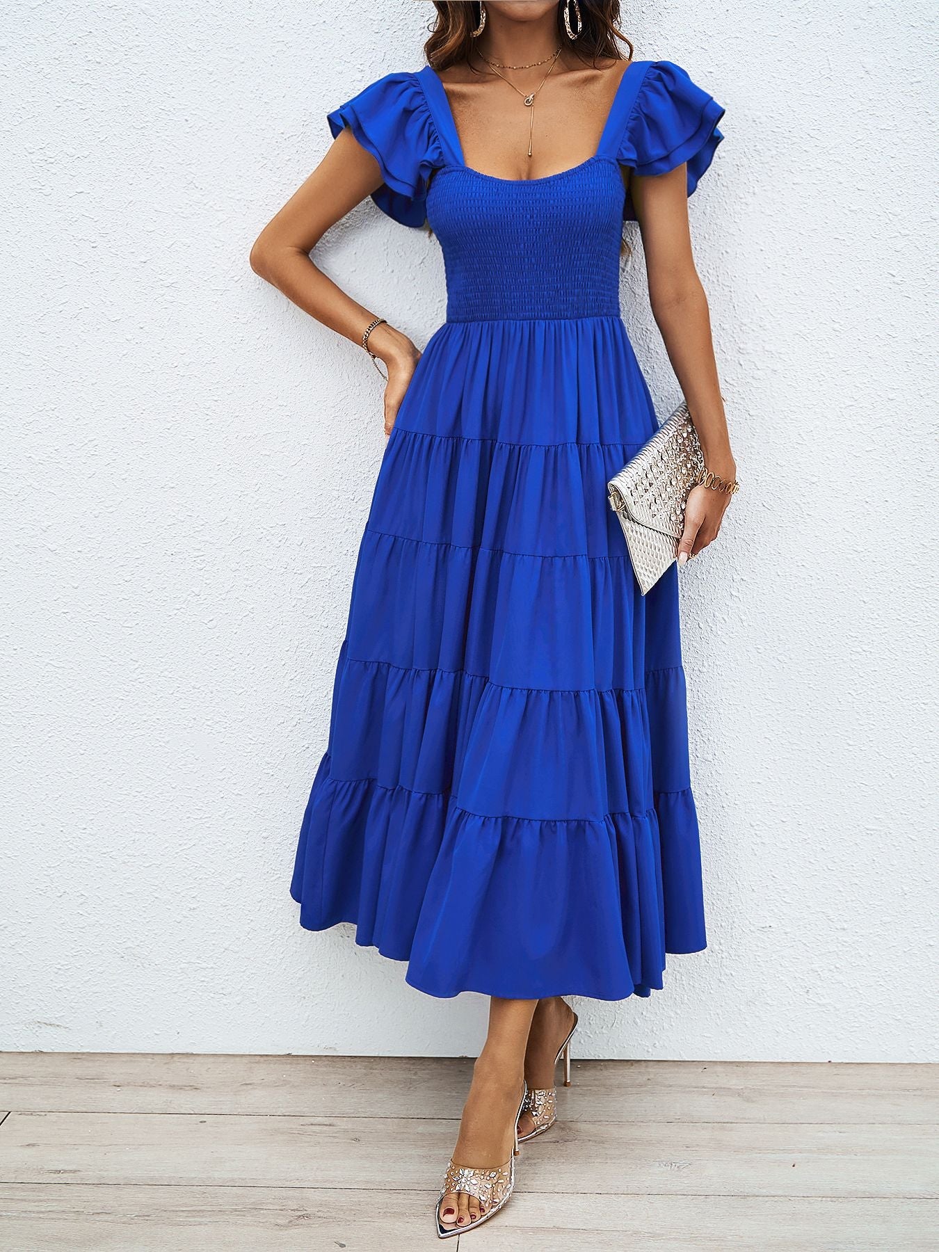 Damen Lange Maxikleid mit eleganten Rüschenträgern und gefüttertem Oberteil R&B
