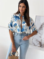 Damen blumige Oversize-Bluse mit kurzen Ärmeln R&B