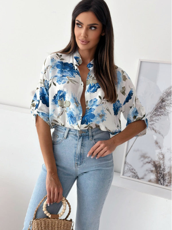Damen blumige Oversize-Bluse mit kurzen Ärmeln R&B