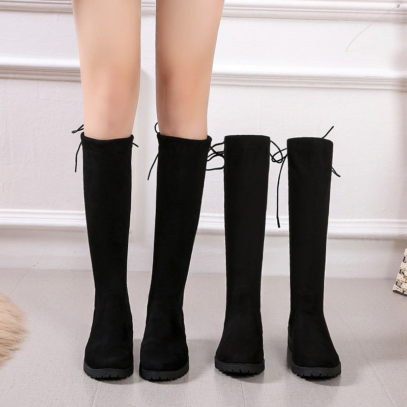 Damen Überknee-Stiefel mit samtiger Oberfläche und verstellbarem Schnürdetail R&B