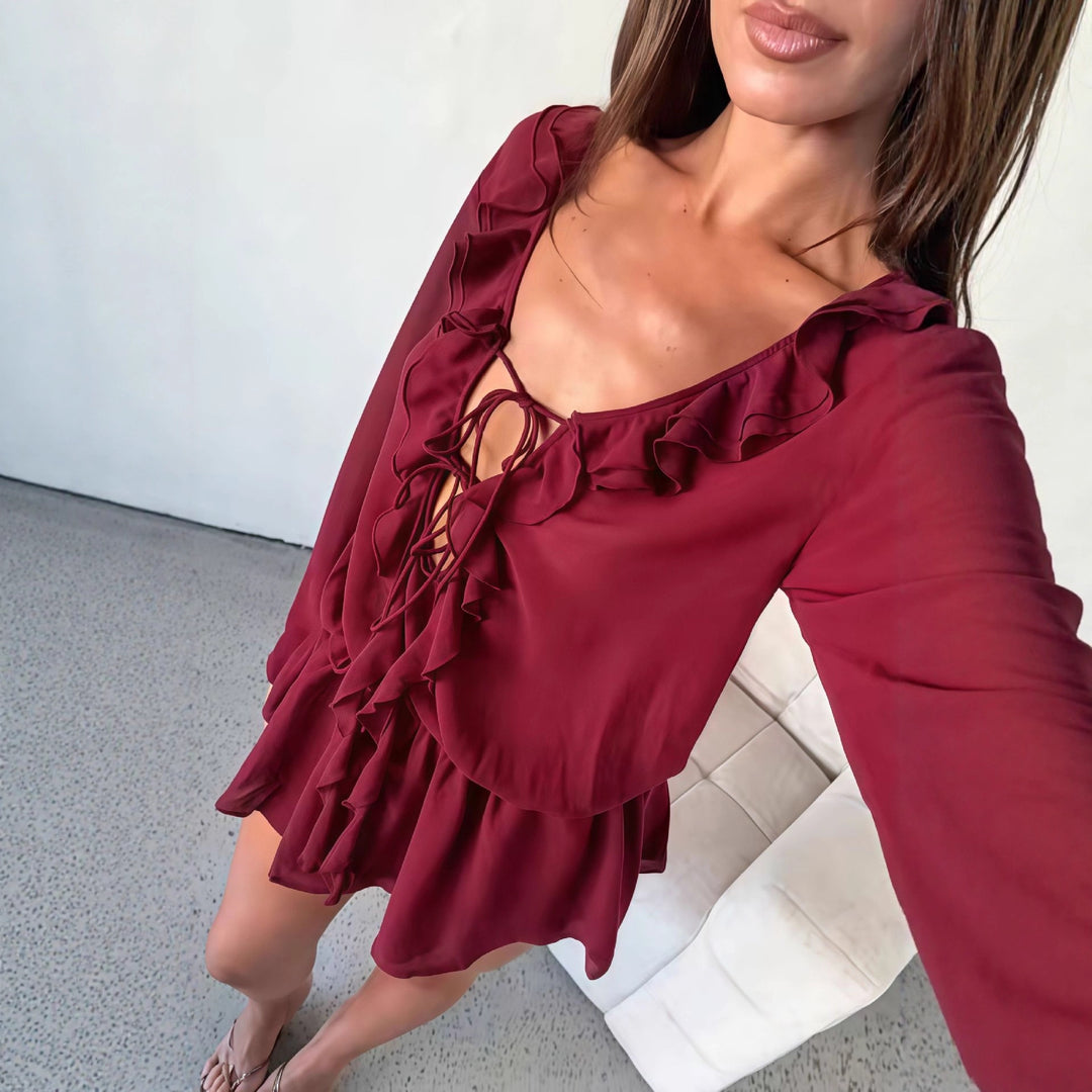 Damen Chiffonbluse mit eleganter Rüschendekoration und tiefem V-Ausschnitt R&B