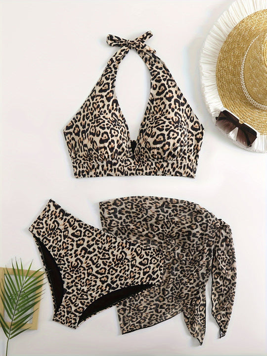 Damen Triangel-Bikini-Set mit edlem Wickeltuch und raffiniertem Animal-Print R&B