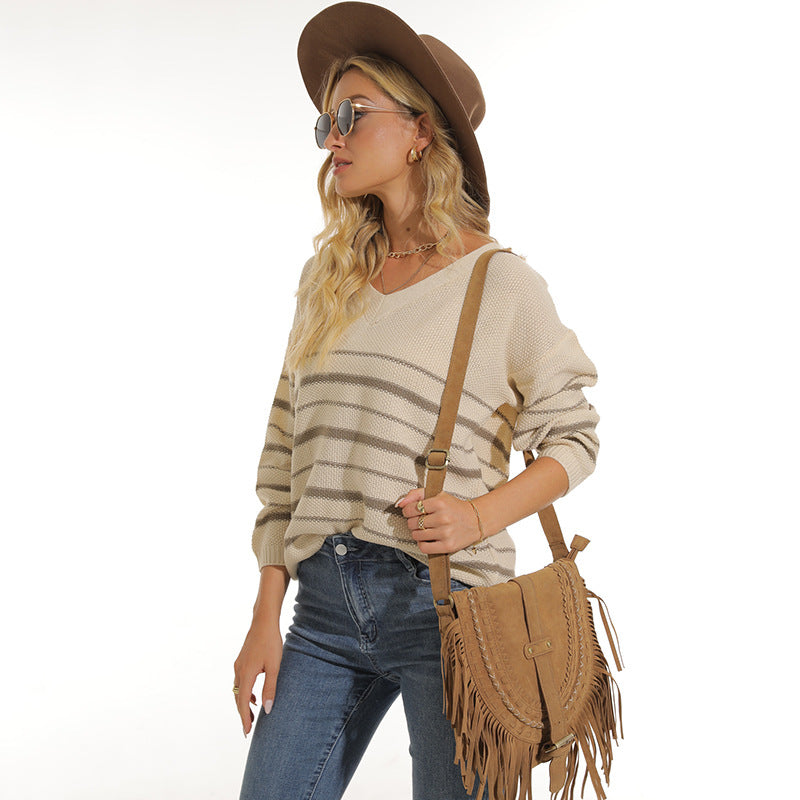 Damen lässiger Pullover mit modernem Streifenmuster und V-Ausschnitt R&B