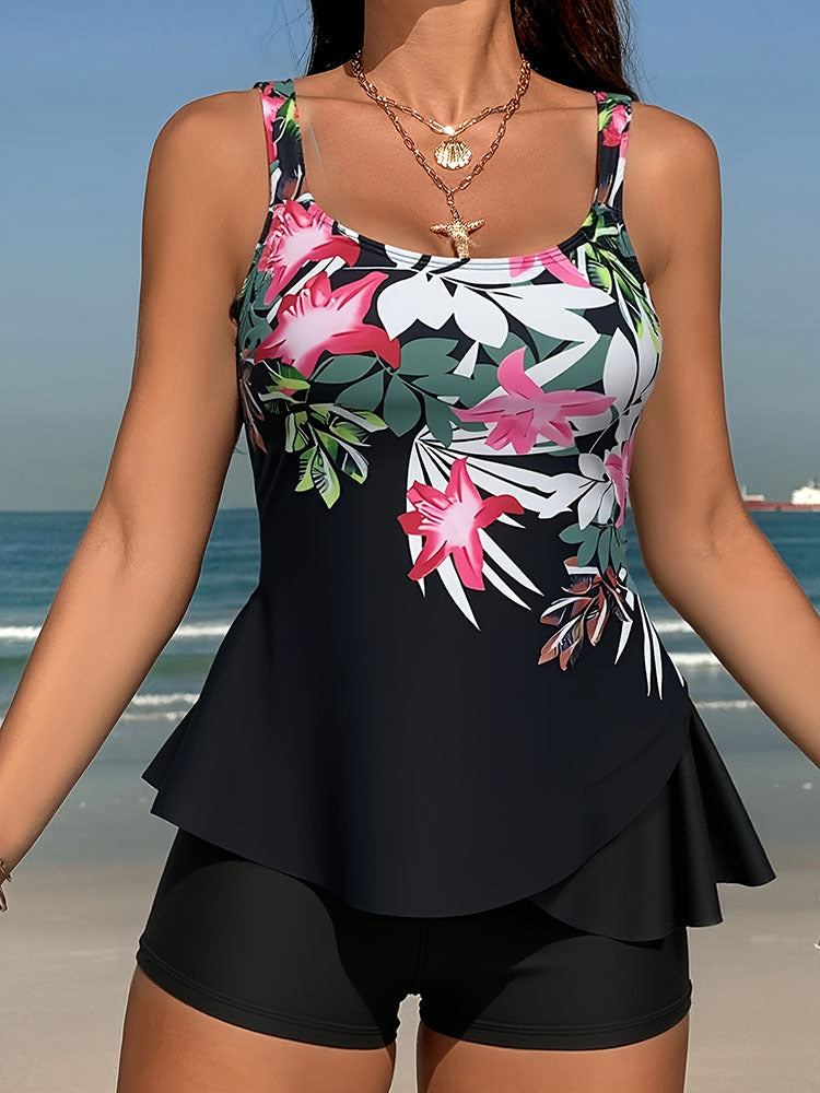 Damen Tankini Set mit floralem Oberteil und hohem Taillenslip