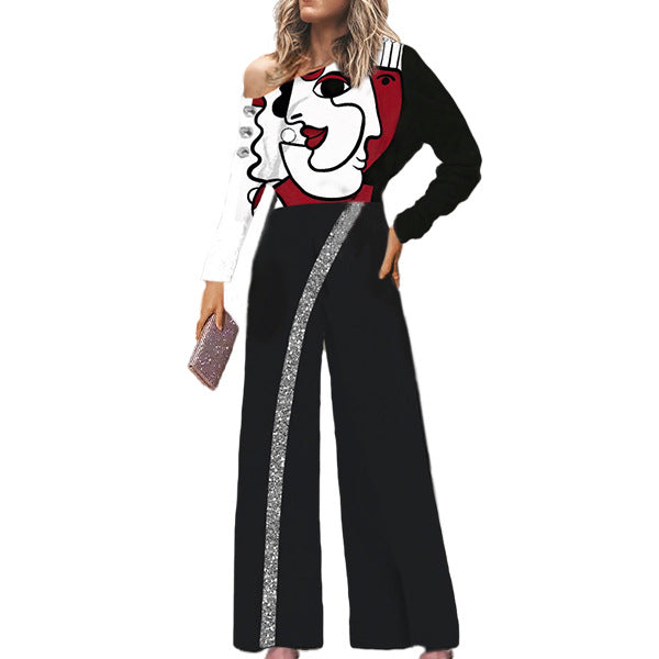 Damen Einseitiger Jumpsuit mit Glanzstreifen und grafischem Kunstwerk R&B