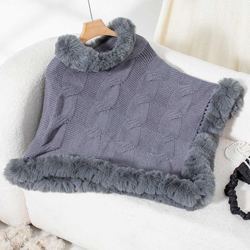 Damen kuschelige Strick-Poncho mit weichem Kunstfellbesatz und Zopfmuster R&B