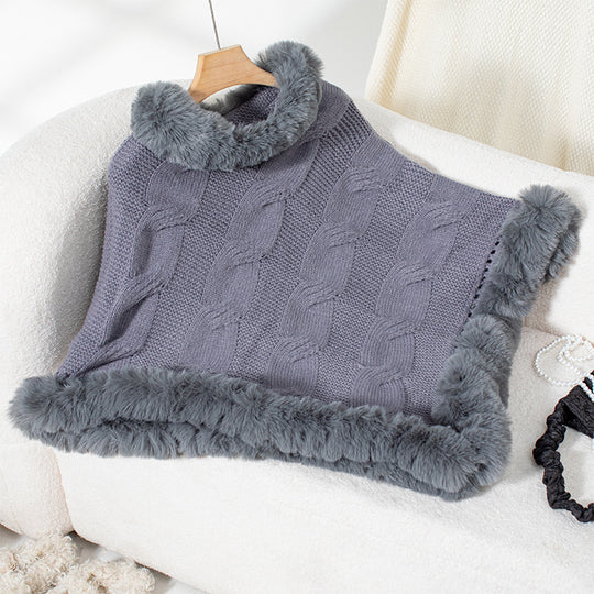 Damen kuschelige Strick-Poncho mit weichem Kunstfellbesatz und Zopfmuster R&B
