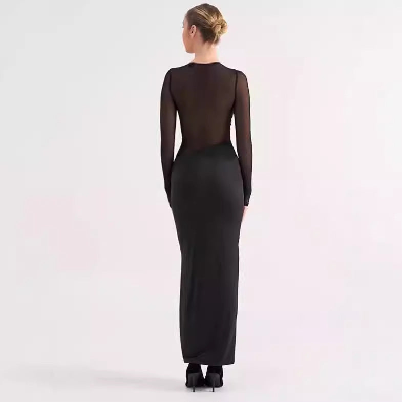 Damen Elegantes Maxikleid mit transparenten Einsätzen und Raffung R&B