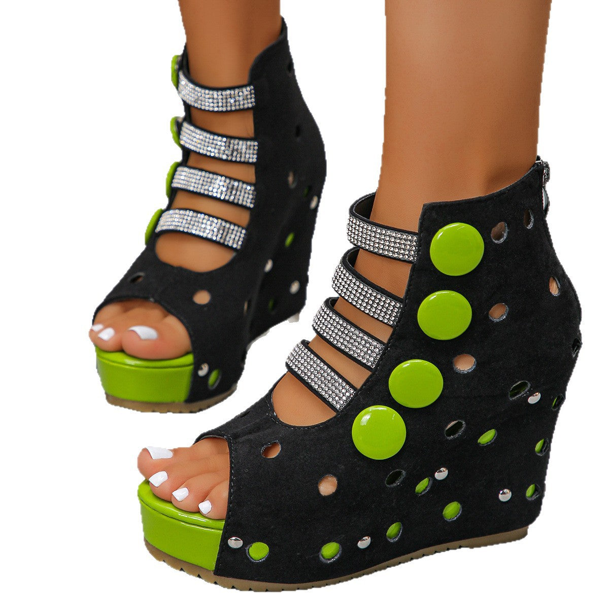 Damen Wedge-Sandalen mit modischem Lochdesign und glitzernden Applikationen R&B
