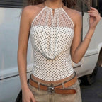Damen Elegantes Neckholder-Top mit transparenten Akzenten und verspieltem Punkte-Design R&B