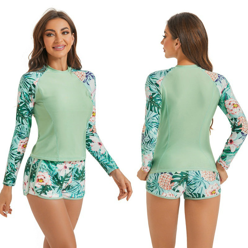 Damen Surfanzug-Set mit langärmeliger Oberteil und modischem Blumenmuster R&B