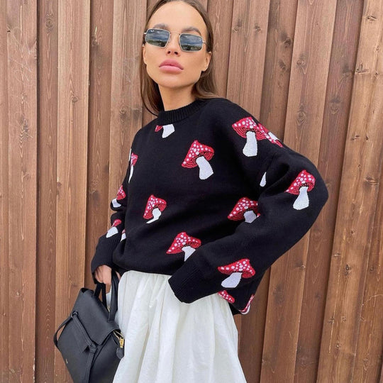 Damen Pullover mit verspielten Pilzstickereien R&B