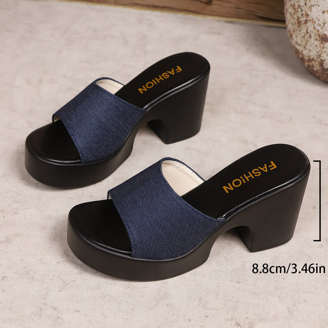 Damen Plateau-Pantoletten mit modischer Denim-Oberfläche und komfortablem Blockabsatz R&B