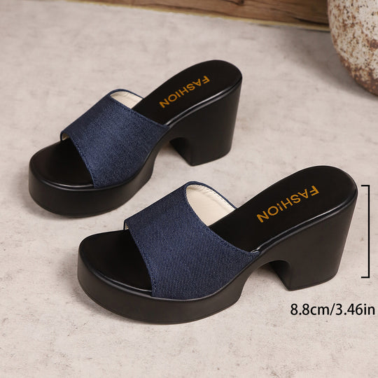 Damen Plateau-Pantoletten mit modischer Denim-Oberfläche und komfortablem Blockabsatz R&B