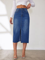 Damen Midi-Denimrock mit Schlitz und lässigem A-Linien-Schnitt R&B