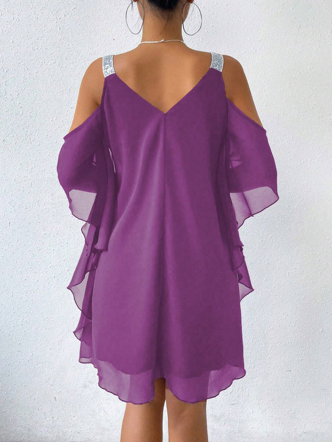 Damen schulterfreies Flatterkleid mit glitzernden Trägern R&B