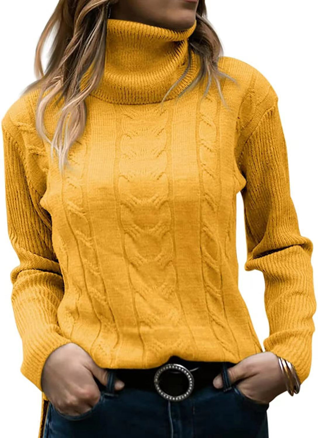 Damen Strickpullover mit Stehkragen und Zopfmuster R&B
