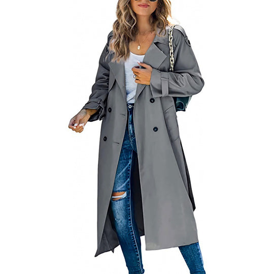 Damen eleganter Trenchcoat mit doppelt Reihe Knopfverschluss und Taillengürtel R&B
