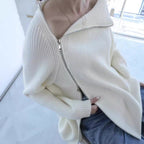 Damen lässiger Strickpullover mit asymmetrischem Reißverschluss und großem Kragen R&B
