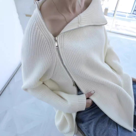 Damen lässiger Strickpullover mit asymmetrischem Reißverschluss und großem Kragen R&B