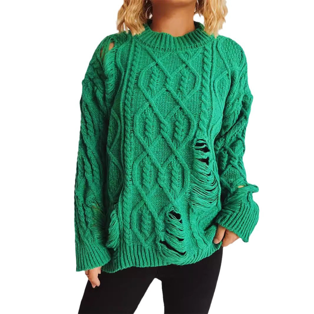Damen Grobstrickpullover mit einzigartigem Zopfmuster und ausgefransten Details R&B