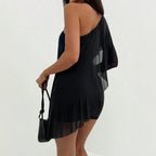 Damen nan asymmetrisches schulterfreies Minikleid mit Drapierung und gerafftem Rock R&B