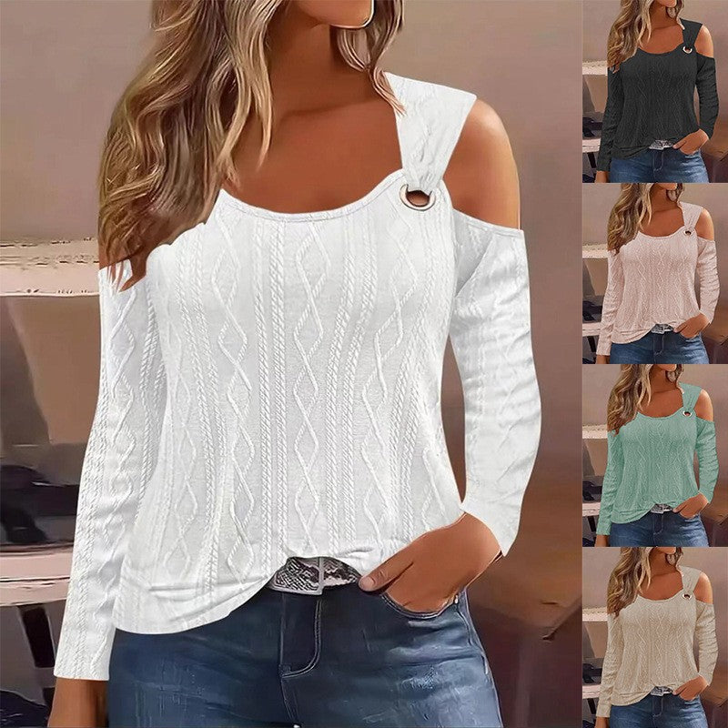 Damen modisches Strickoberteil mit offenem Schulterdesign und dekorativem Ring R&B