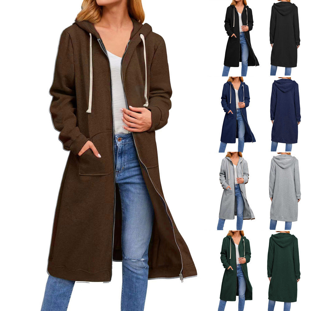 Damen lange Kapuzenjacke mit Reißverschluss und praktischen Taschen R&B