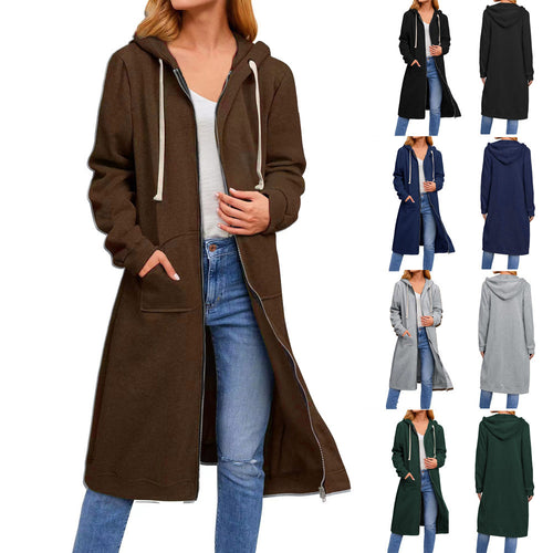 Damen lange Kapuzenjacke mit Reißverschluss und praktischen Taschen R&B