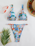 Damen Bikini-Set mit fröhlichem Stadtmotiv und hoch geschnittenem Höschen R&B