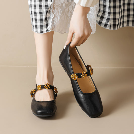 Damen Ballerinas mit dekorativem Riemchen und Blumenakzenten R&B