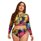 Damen Surf-Bikini-Set mit langärmligem Oberteil und buntem Palmendruck R&B