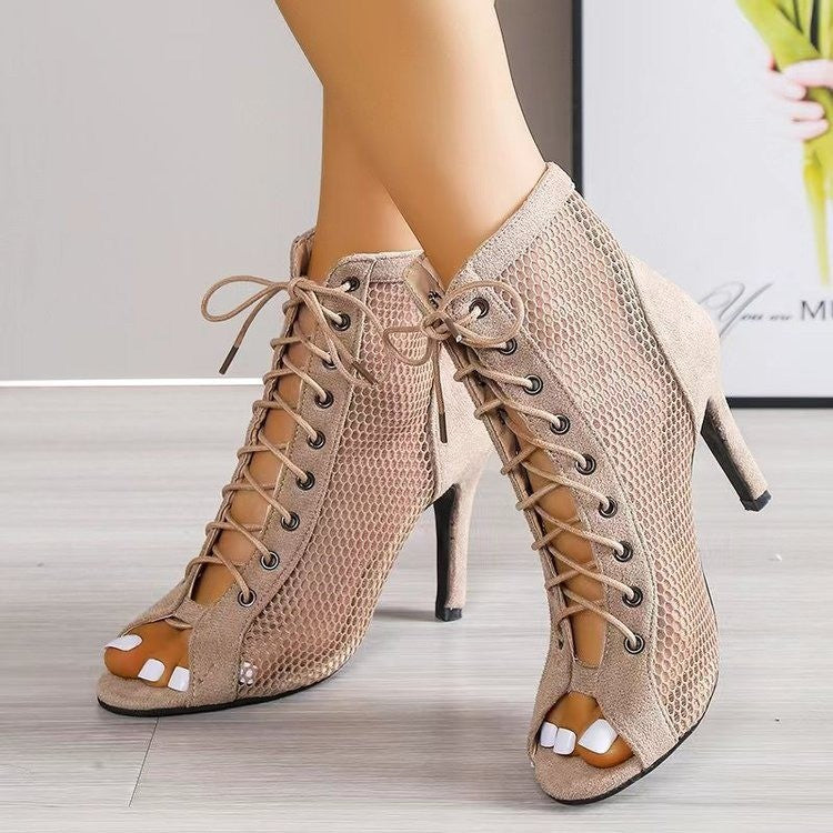 Damen Peeptoe Stiefeletten mit atmungsaktivem Netzdesign und elegantem Lace-Up R&B