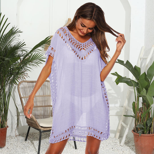Damen Häkel-Strandüberwurf mit elegantem V-Ausschnitt und fransigen Details R&B
