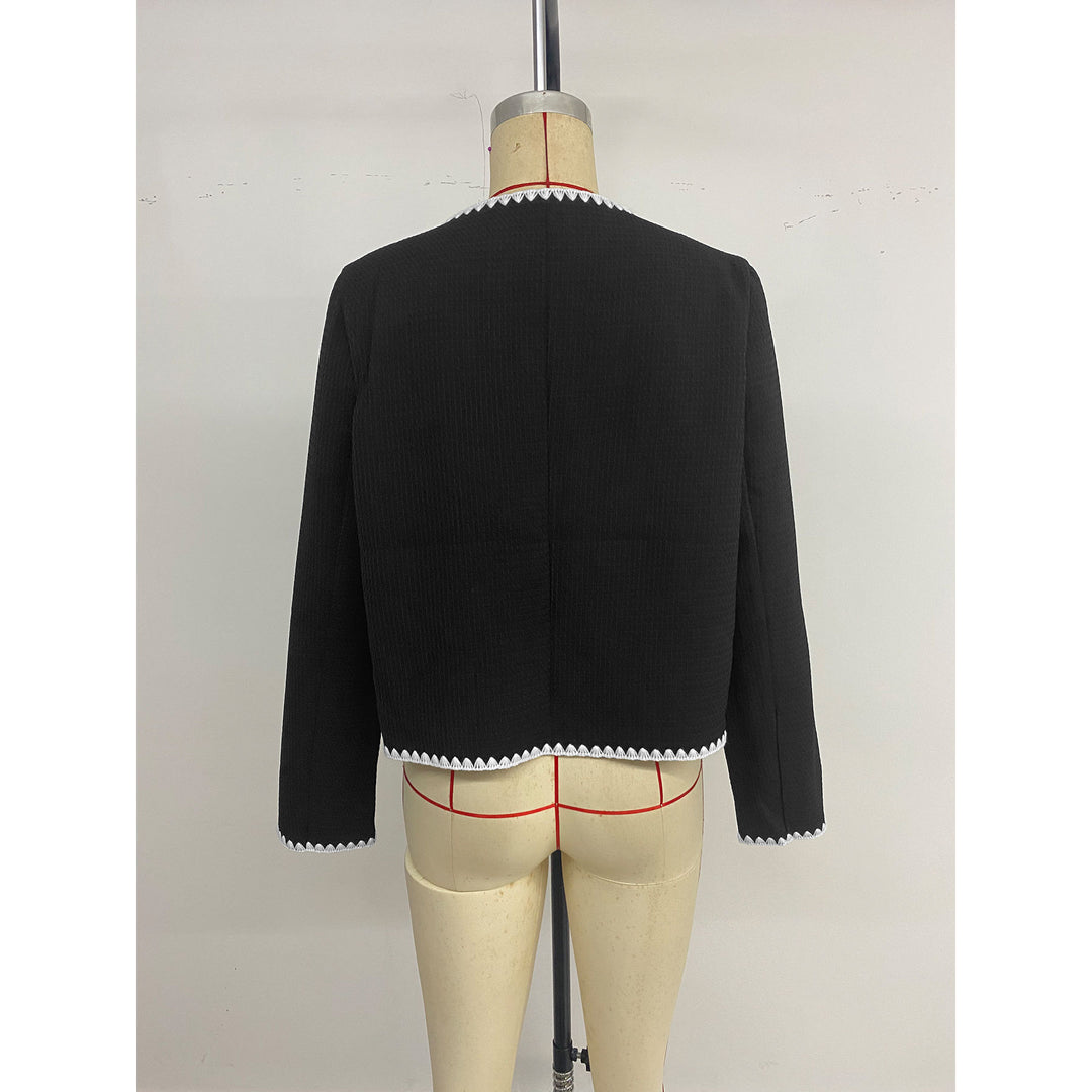 Damen elegante kurzärmelige Blazerjacke mit kontrastierenden Paspelverzierungen und Taschen R&B